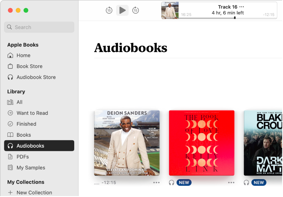 The audiobook player. Along the top are the player’s controls, a thumbnail of the audiobook’s cover, and the audiobook’s title and author. Below is the Audiobooks collection in the library.