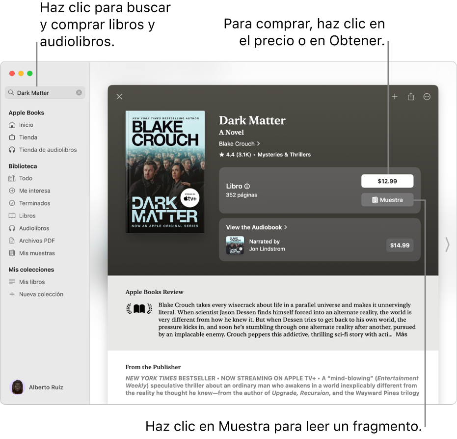 Una ventana con el título de un libro en el campo de búsqueda en el lado izquierdo. En el lado derecho se muestra la página del libro con opciones para comprar el libro o audiolibro, o para leer un fragmento. La ventana también muestra reseñas y una nota de la editorial.