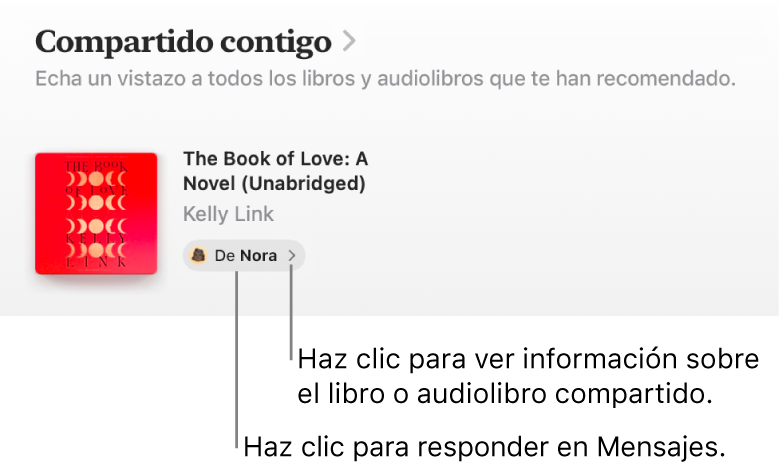 Una pantalla donde se ve un libro en la sección “Compartido contigo”.