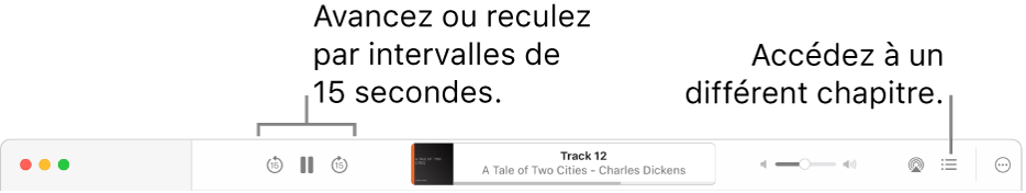 Le lecteur de livre audio dans Livres montrant, de gauche à droite, le bouton « Vitesse de lecture », les boutons Avancer, Pause et Revenir, le titre et l’auteur du livre audio en cours de lecture, le curseur Volume, le bouton AirPlay, le bouton « Table des matières » et le bouton Plus.