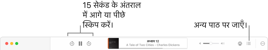 Apple Books में ऑडियोबुक प्लेयर द्वारा बाएँ से दाएँ प्लेबैक स्पीड बटन, आगे जाएँ, पॉज़ करें और पीछे जाएँ बटन, फ़िलहाल चल रही ऑडियोबुक का शीर्षक और लेखक, वॉल्यूम स्लाइडर, AirPlay बटन, कॉन्टेंट तालिका बटन और अधिक बटन दिखाया जा रहा है।