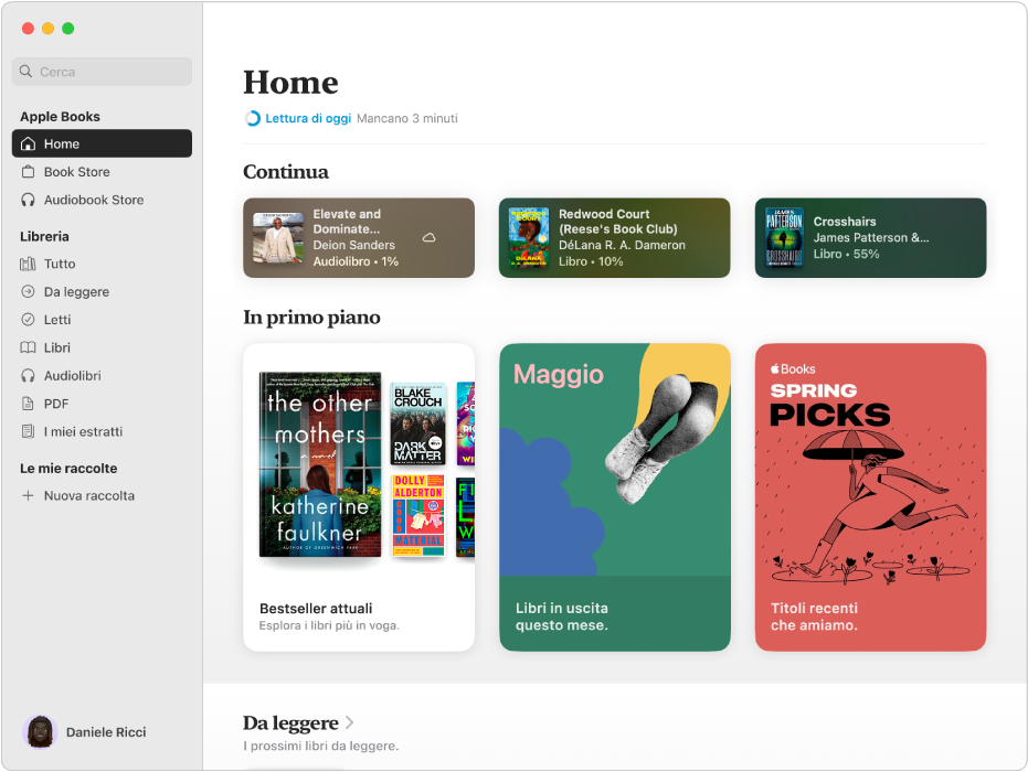 Il pannello Home che mostra i libri e gli audiolibri che stai attualmente leggendo, insieme ai titoli nella sezione “In primo piano” e un link alla raccolta “Da leggere”.