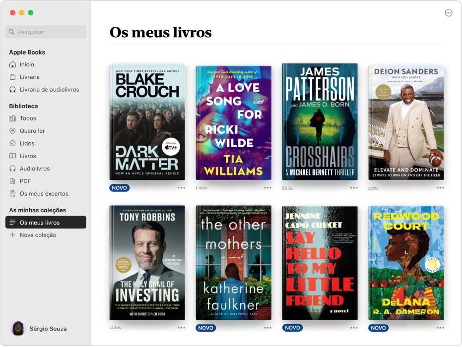 Uma janela da aplicação Livros a mostrar a coleção “Os meus livros” selecionada na barra lateral e os títulos dessa coleção apresentados à direita.