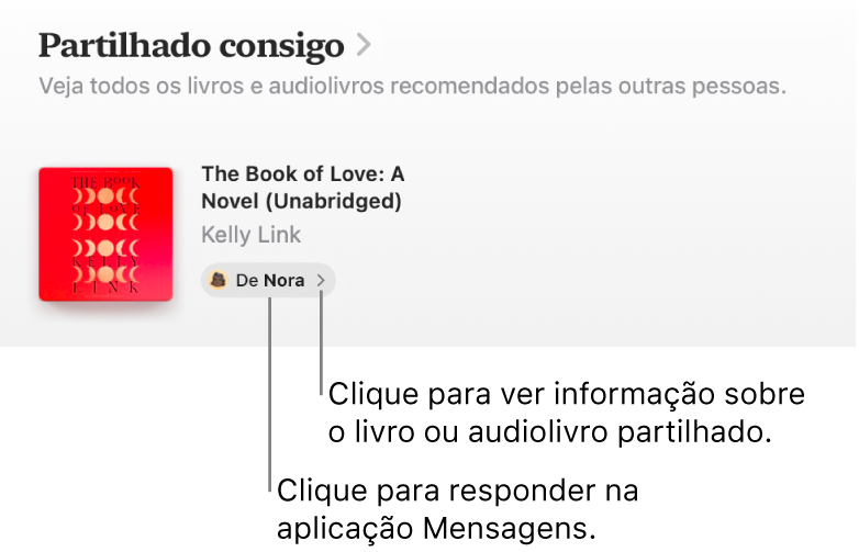 Um ecrã a mostrar um livro na secção “Partilhado consigo”.