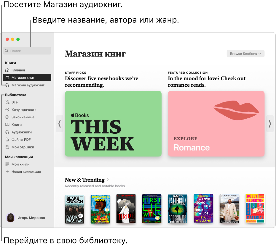 Главное окно Магазина книг. Слева располагается боковое меню. Поле поиска, которое можно использовать для поиска книг и аудиокниг, находится в верхней части бокового меню.