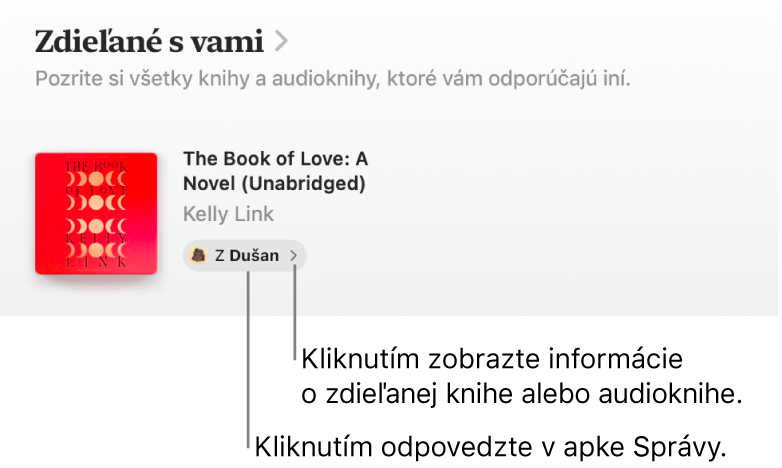 Obrazovka zobrazujúca knihu v časti Zdieľané s vami.