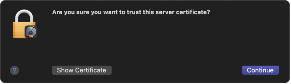 Un cuadro de diálogo en el que se pregunta si deseas confiar en un certificado de servidor.