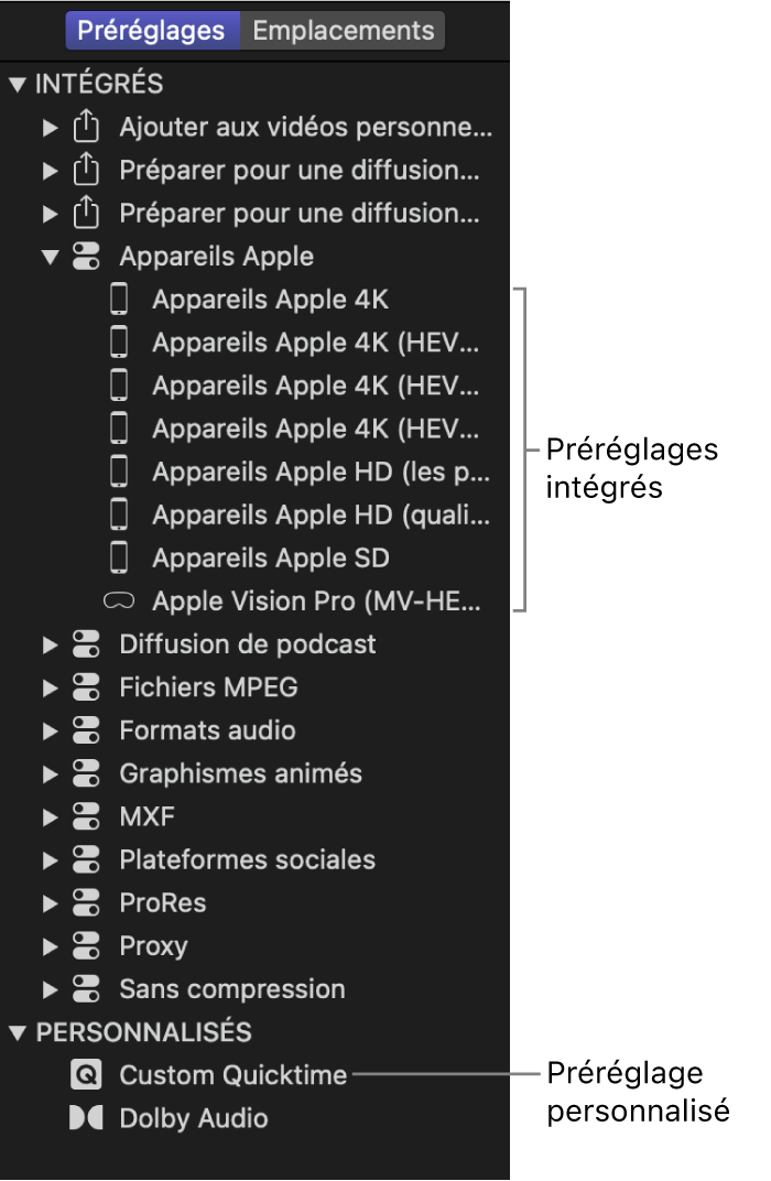 Fenêtre Préréglages affichant un ensemble de préréglages intégrés et personnalisés.