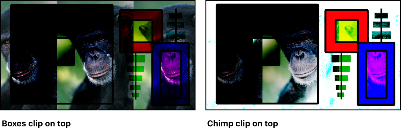 Dos versiones de las imágenes de las cajas y el chimpancé mezcladas mediante el modo de mezcla “Sobreexposición de color”, con una imagen que muestra el clip de las cajas encima y la otra que muestra el clip del chimpancé encima