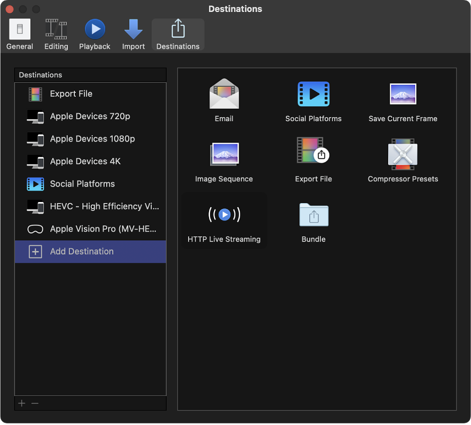 El panel Destinos de la ventana Ajustes de Final Cut Pro