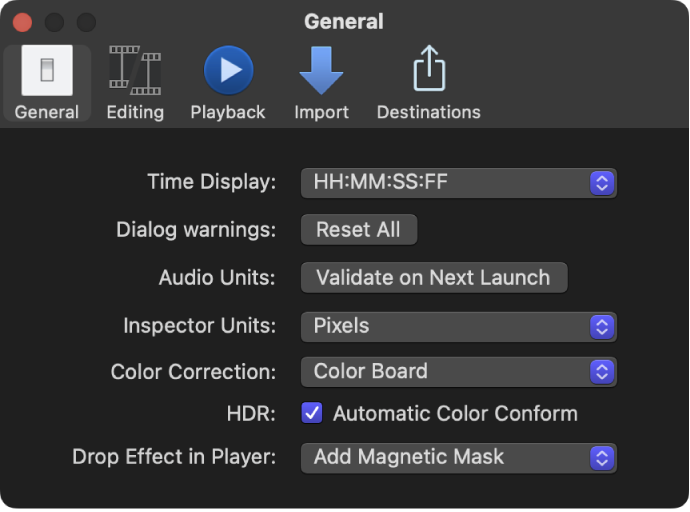 El panel General de la ventana Ajustes de Final Cut Pro