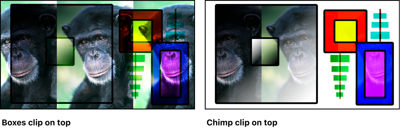 Dos versiones de las imágenes de las cajas y el chimpancé mezcladas mediante el modo de mezcla Superposición, con una imagen que muestra el clip de las cajas encima y la otra que muestra el clip del chimpancé encima
