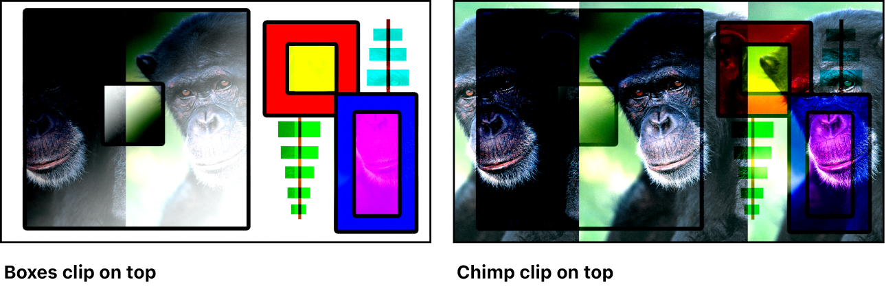 Dos versiones de las imágenes de unas cajas y un chimpancé mezcladas mediante el modo de mezcla “Luz lineal”, con una imagen que muestra el clip de las cajas encima y la otra que muestra el clip del chimpancé encima