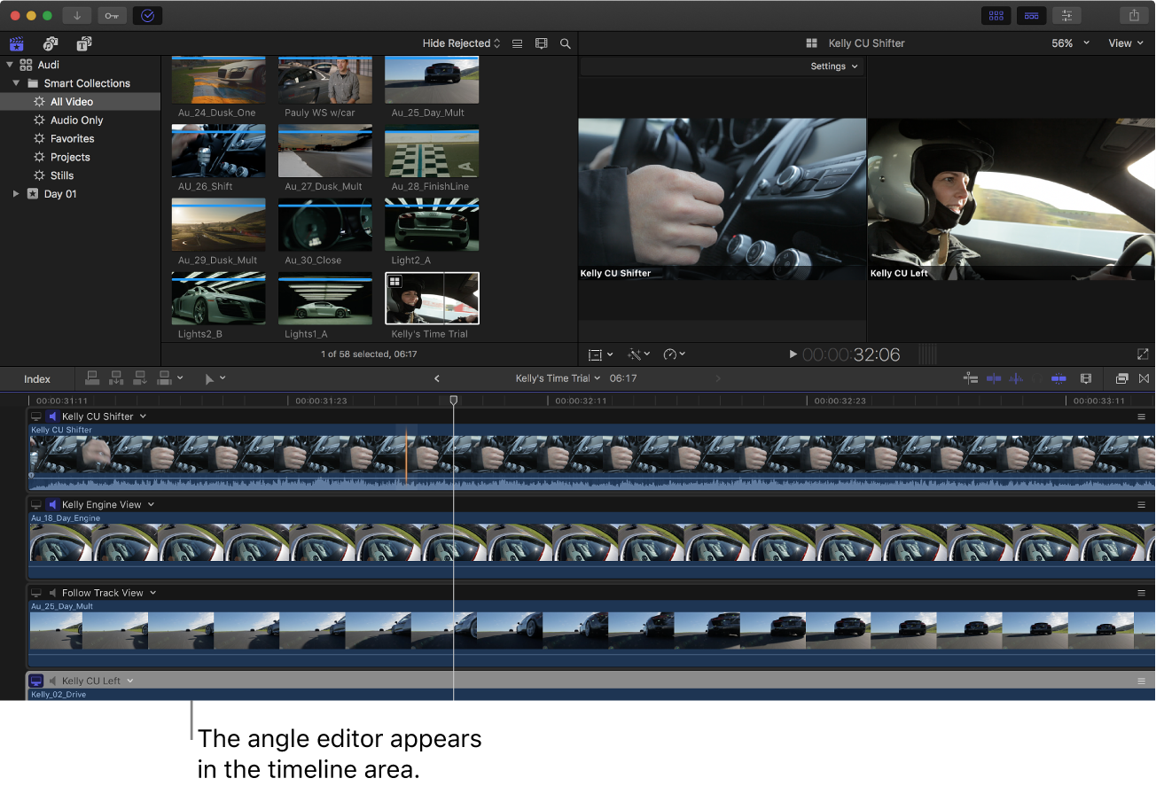 La ventana de Final Cut Pro con el editor de ángulo mostrado en el área de la línea de tiempo