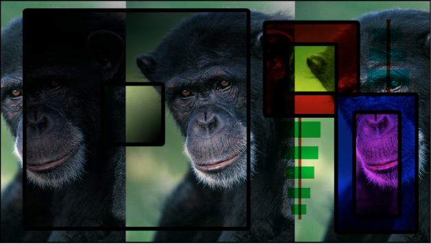Las imágenes de las cajas y el chimpancé mezcladas mediante el modo de mezcla Multiplicar