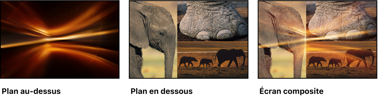 Un exemple de fusion Superposition, avec deux images source et l’image fusionnée obtenue