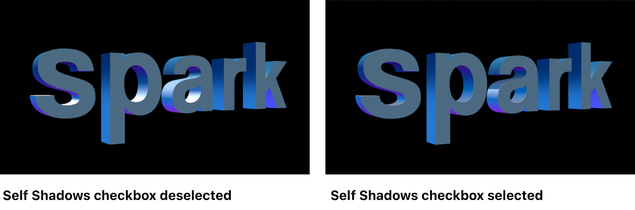 3D-Text im Canvas mit deaktiviertem und aktiviertem Markierungsfeld „Eigener Schatten“