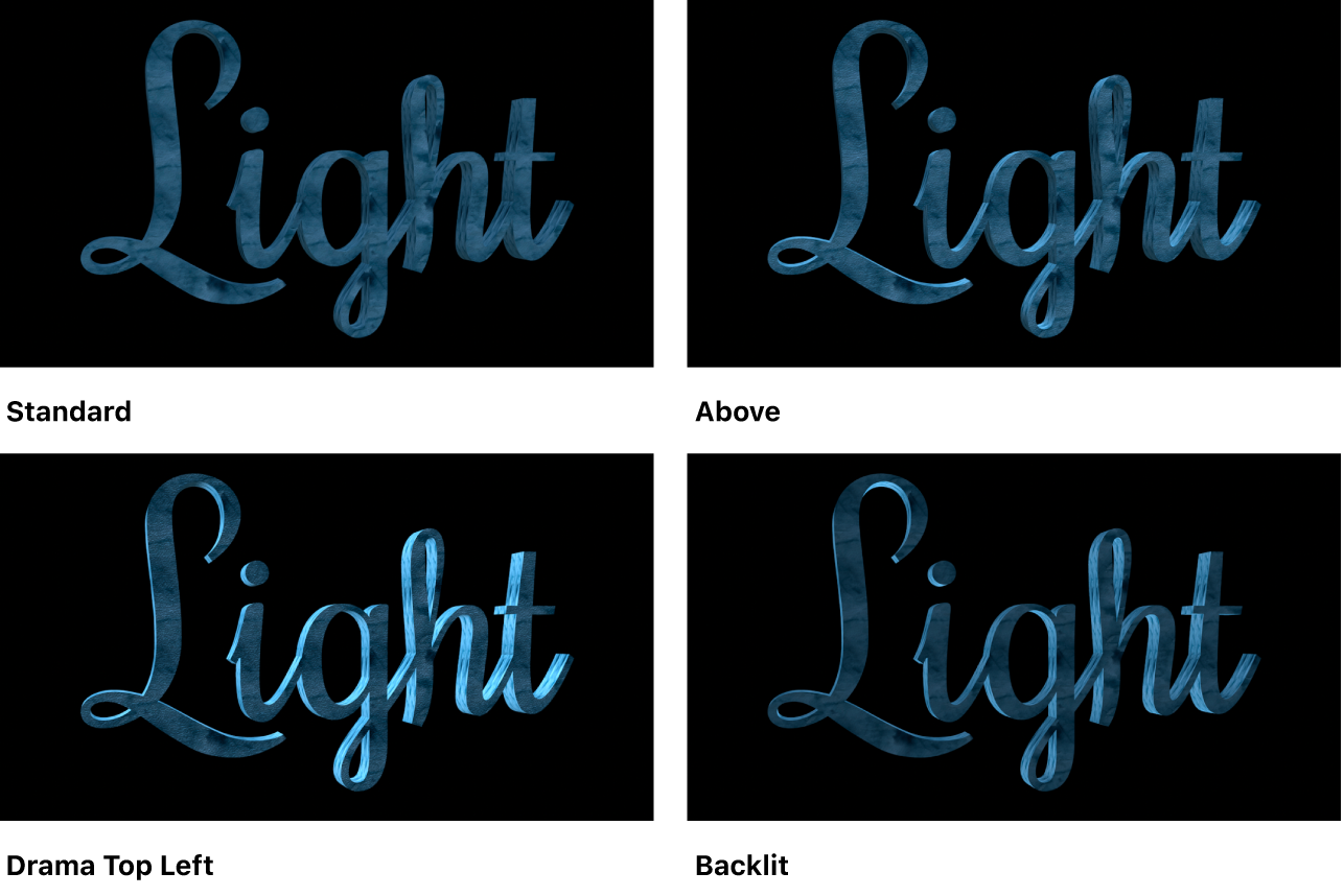 Canvas mit 3D-Textobjekt mit der Beleuchtungsart „Standard“, „Oben“, „Drama-oben links“ und „Hintergrundbeleuchtet“