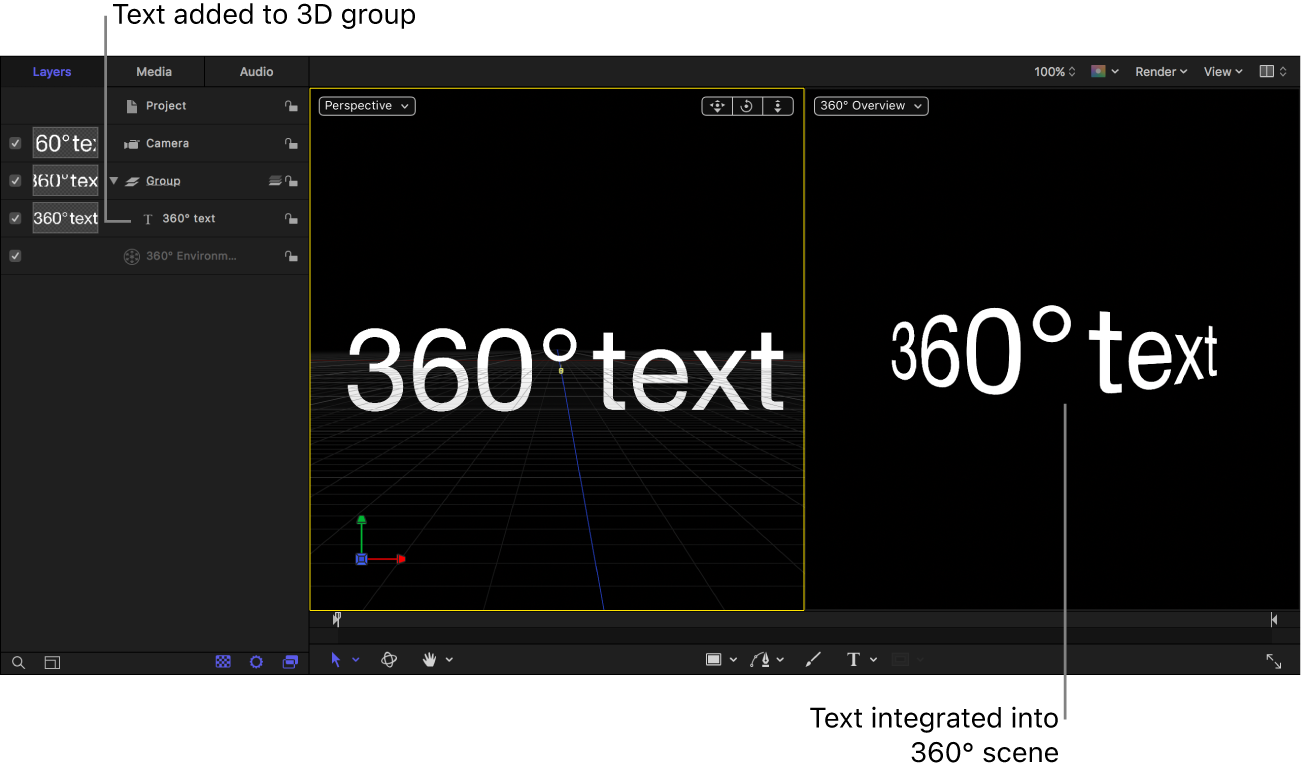 Texto añadido a un objeto Grupo en un proyecto de 360°
