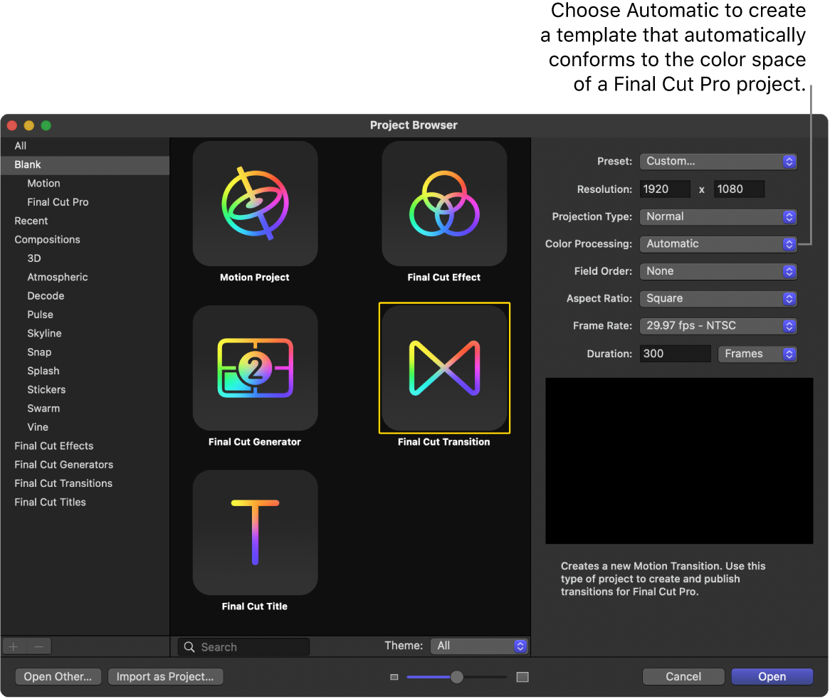 Explorador de proyectos, con el icono “Transición de Final Cut” seleccionado y el parámetro “Procesamiento de color” definido como Automático