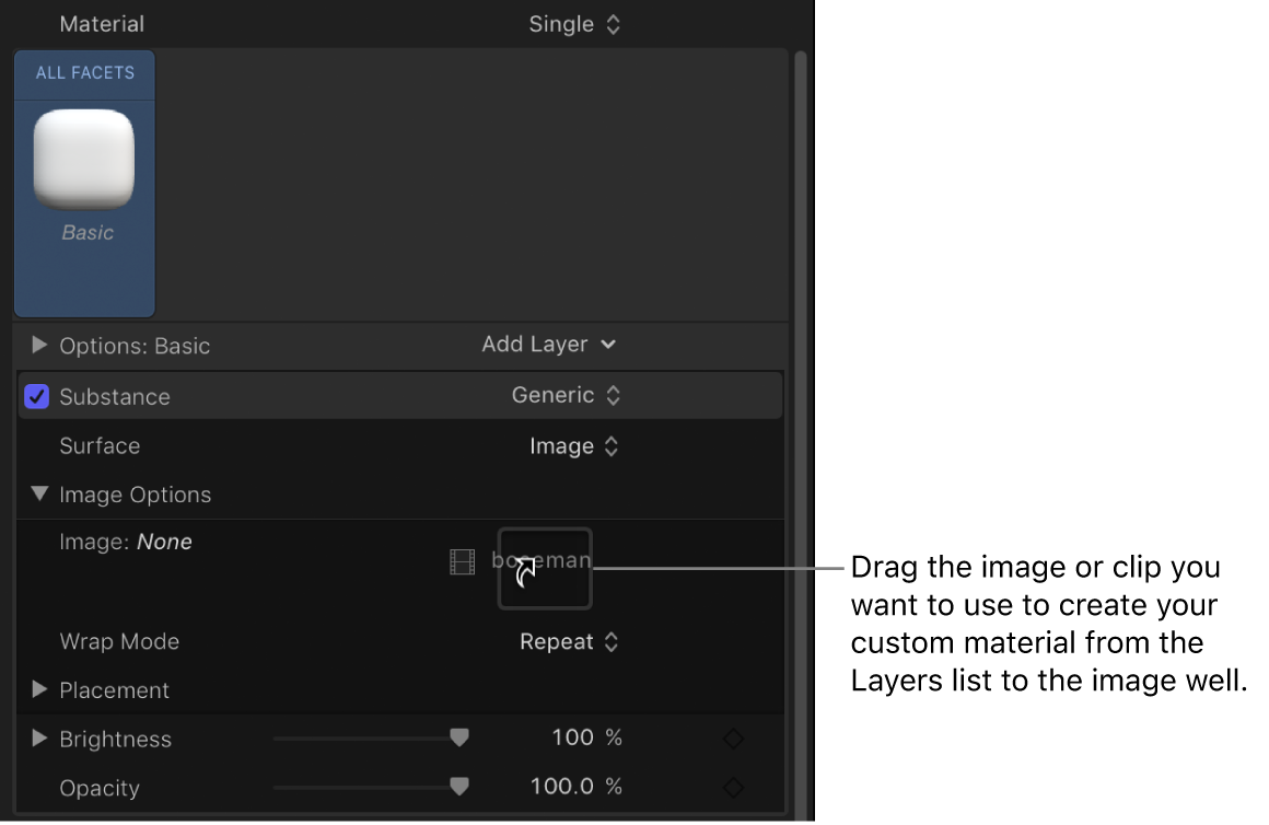 Arrastre de una imagen personalizada al recuadro en los controles “Opciones de imagen” dentro del panel Apariencia del inspector de texto