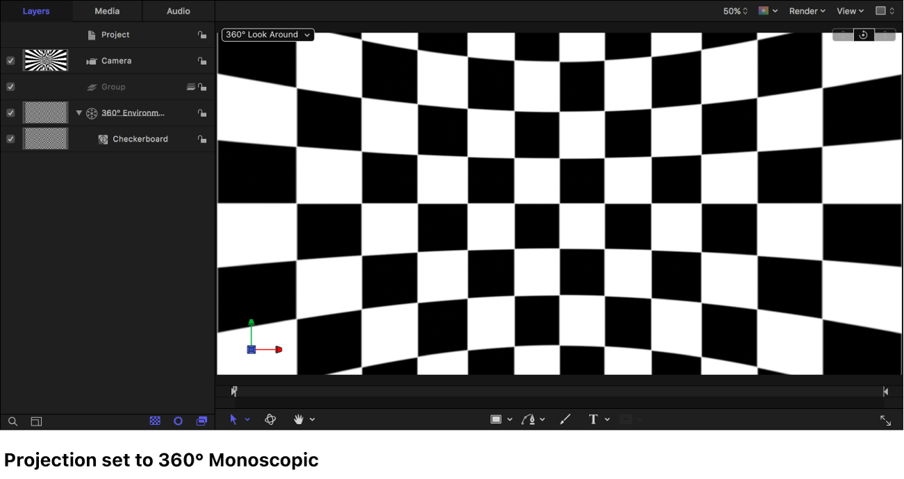 Lienzo con un generador “Tablero de ajedrez” mostrado en proyección “Monoscópica de 360°”