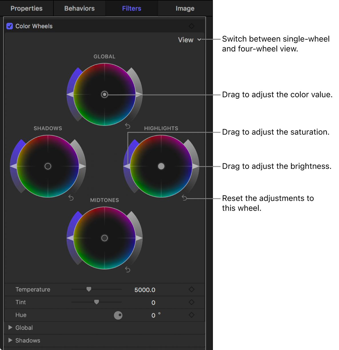 Controles de “Ruedas de color” en el inspector de filtros