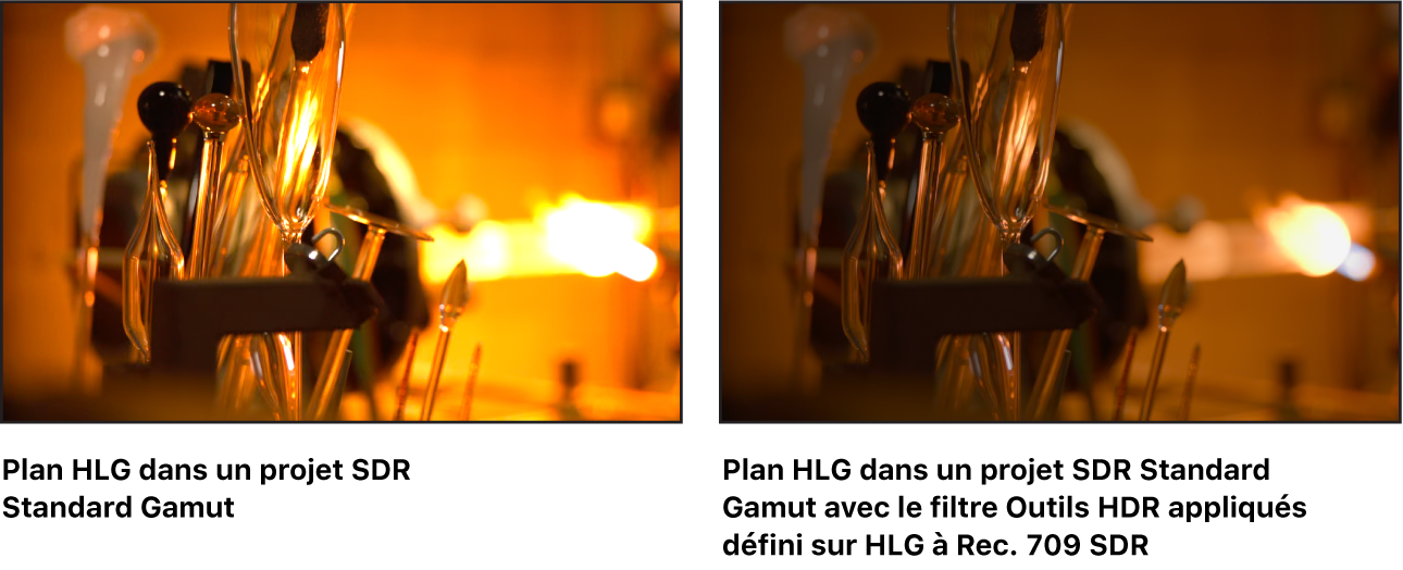 Le canevas montrant les résultats de l’application du filtre « Outils HDR » à un plan HLG.