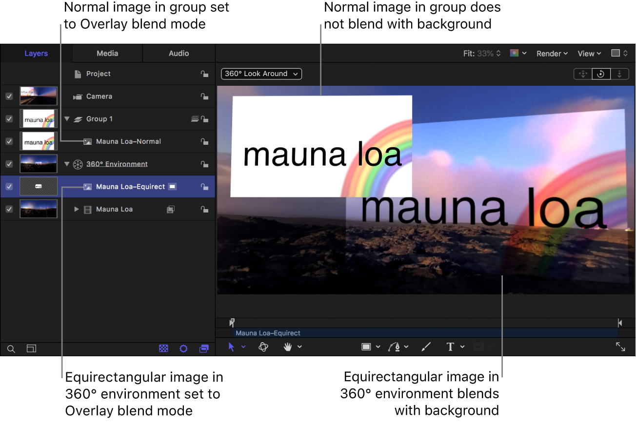 グループ内のイメージに影響を及ぼしていない「加算」ブレンドモードと、360°環境内のイメージに適切に適用されている「加算」ブレンドモードが表示されたキャンバス