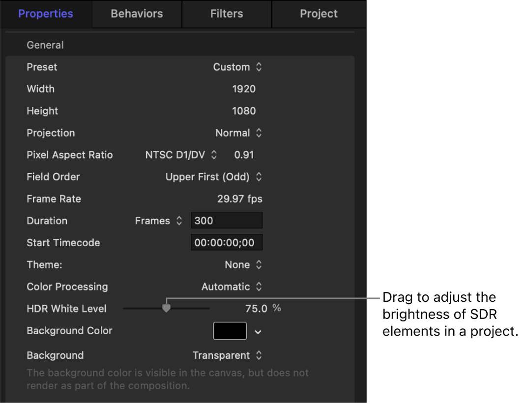 「プロジェクトの情報」インスペクタ。「HDR白レベル」スライダが示されています。