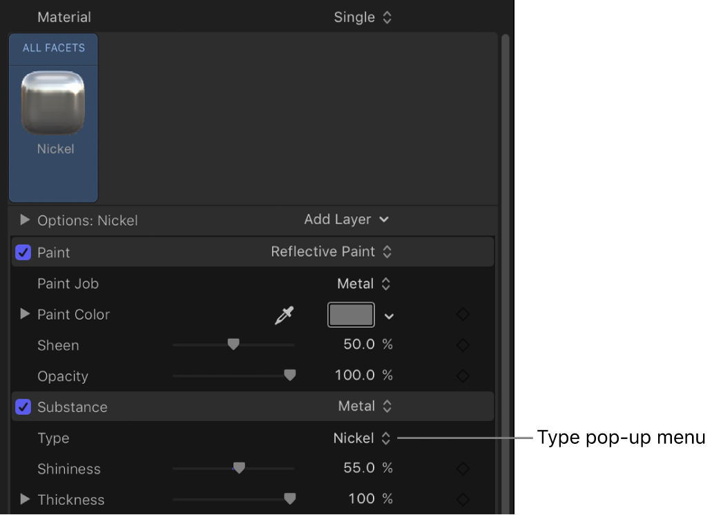 「テキスト」インスペクタの「アピアランス」パネルにある「メタル」の「材質」コントロールの「タイプ」ポップアップメニュー