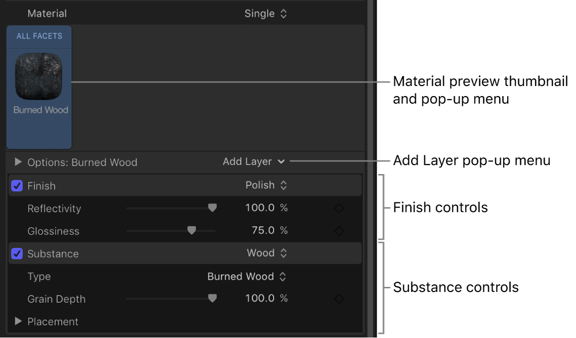 「インスペクタ」の「3Dテキスト」に複数のレイヤーのある素材が表示されています