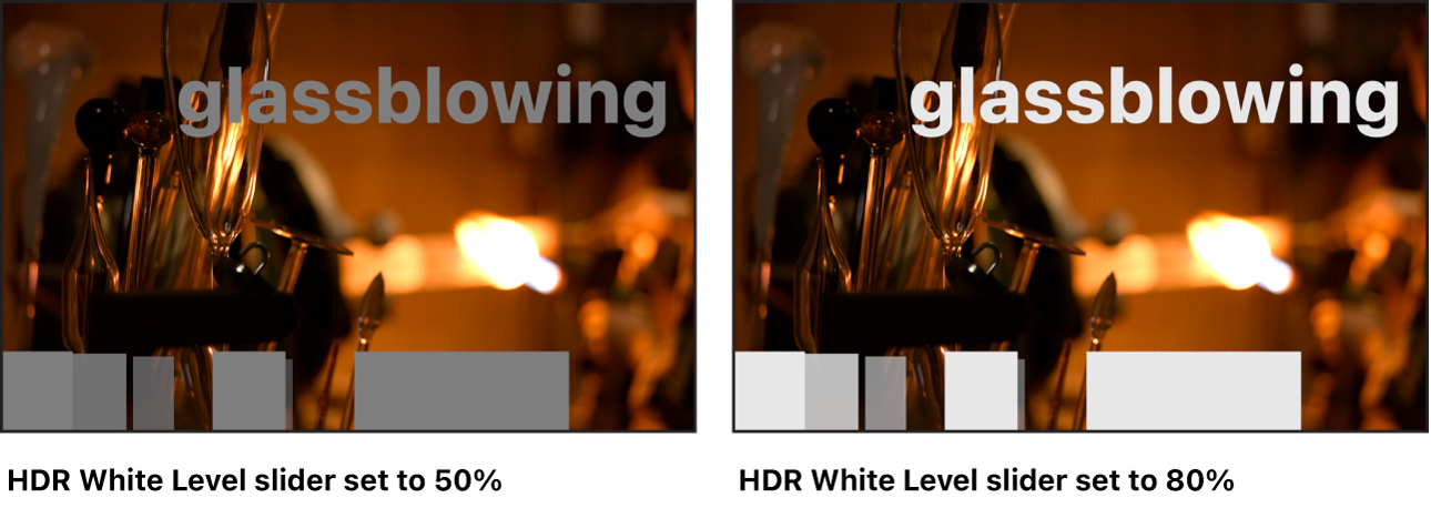 흰색 SDR 요소가 있는 HLG 프로젝트에서 HDR 흰색 레벨 슬라이더를 조절할 때의 효과를 보여주는 캔버스.