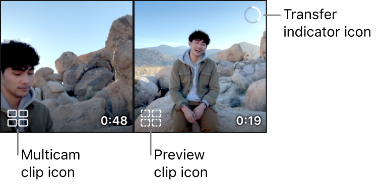 Un clip Multicam con un icono de clip Multicam y un segundo clip Multicam con un icono de clip de previsualización y un icono de indicador de transferencia con un archivo transfiriéndose.