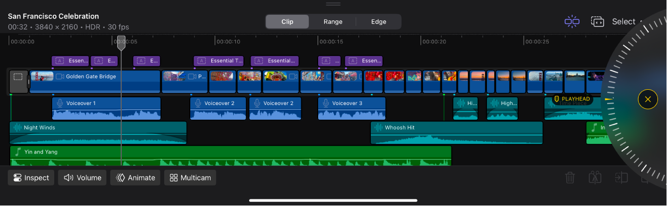 La línea de tiempo magnética de Final Cut Pro para el iPad mostrando clips de vídeo, audio y música.