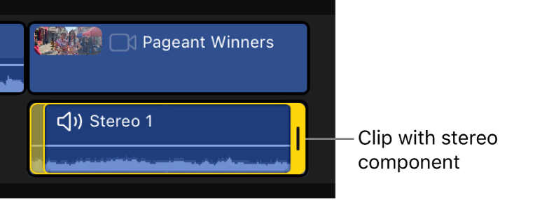 Un clip en la línea de tiempo que muestra debajo su componente de audio expandido.