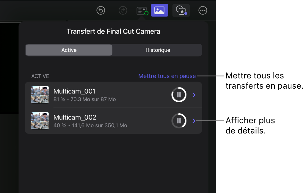 La liste « Transfert Final Cut Camera » dans Final Cut Pro, montrant les transferts actifs.