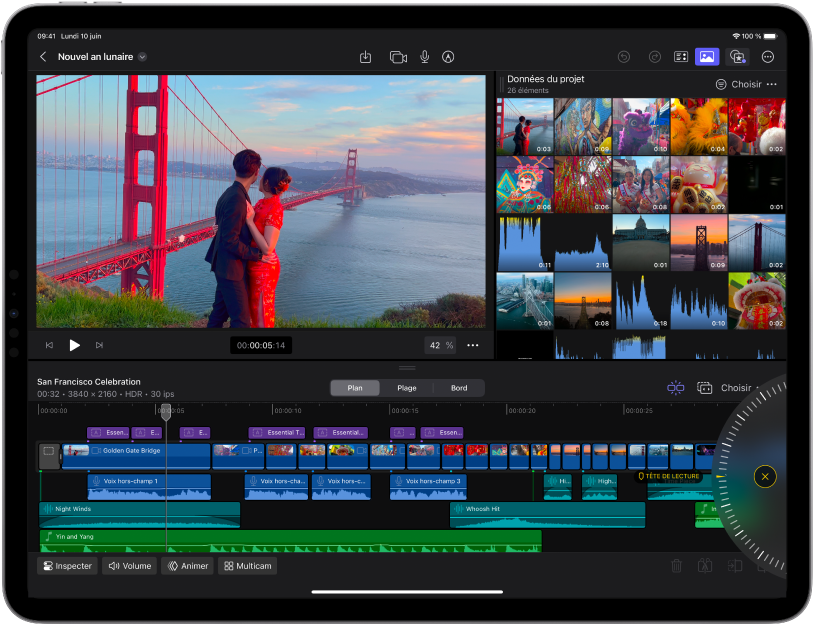 Fenêtre Final Cut Pro pour iPad affichant le visualiseur, le navigateur et la timeline.