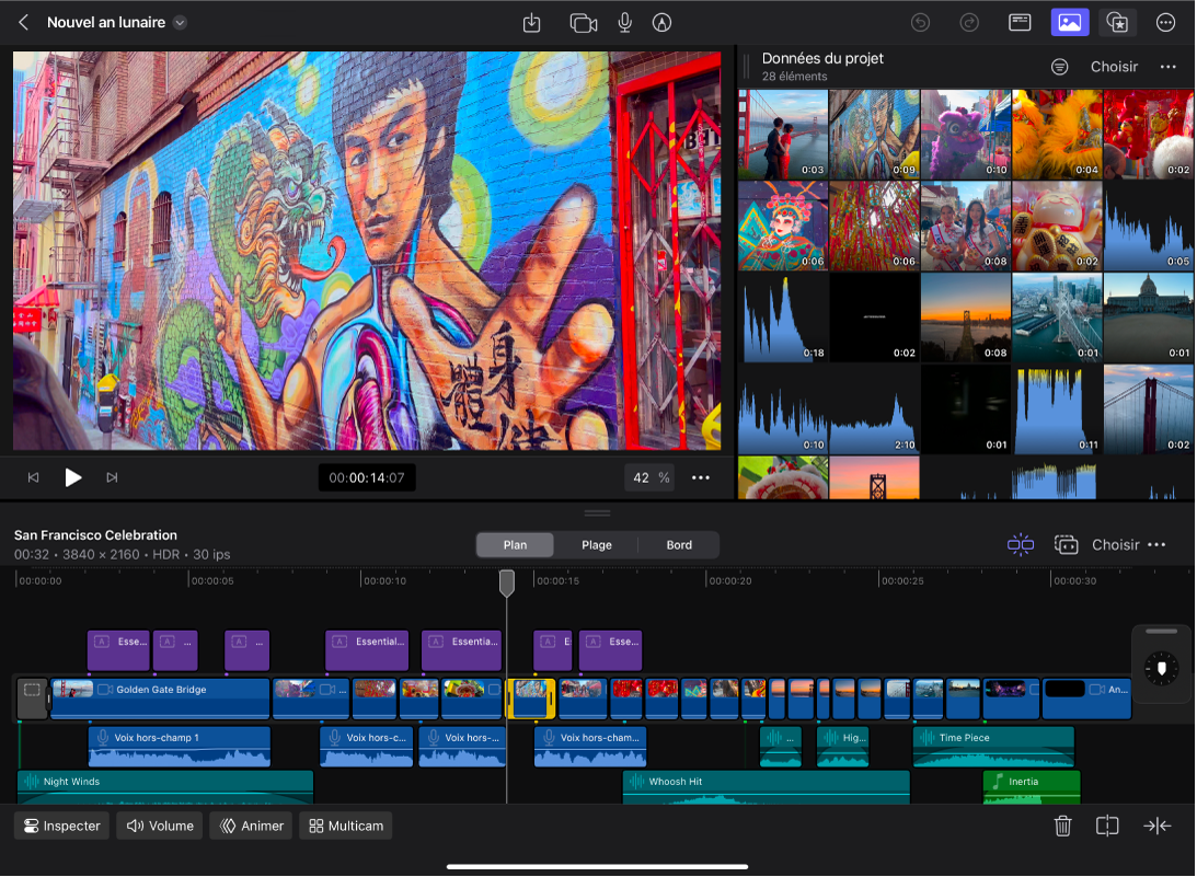 L’écran Édition de Final Cut Pro en orientation paysage.