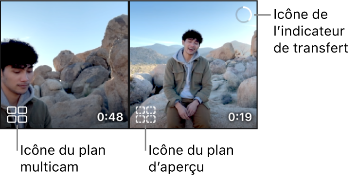Un plan multicam avec une icône de plan multicam, et un second plan multicam avec une icône de fichier d’aperçu et une icône d’indicateur de transfert, montrant qu’un transfert de fichiers est en cours.