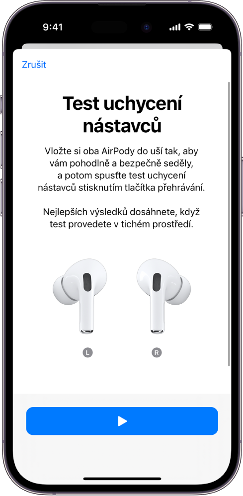 Obrazovka iPhonu se zobrazeným testem uchycení nástavců AirPodů Pro 1.