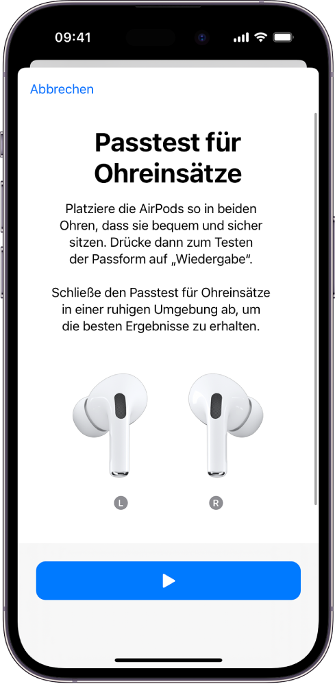 Das Display eines iPhone, auf dem der Passtest für Ohreinsätze für die AirPods Pro 1 angezeigt wird.