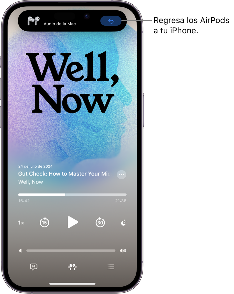 La pantalla bloqueada de un iPhone mostrando un mensaje en la parte superior que indica que los AirPods se conectaron a la Mac, y un botón para regresar la reproducción al iPhone.