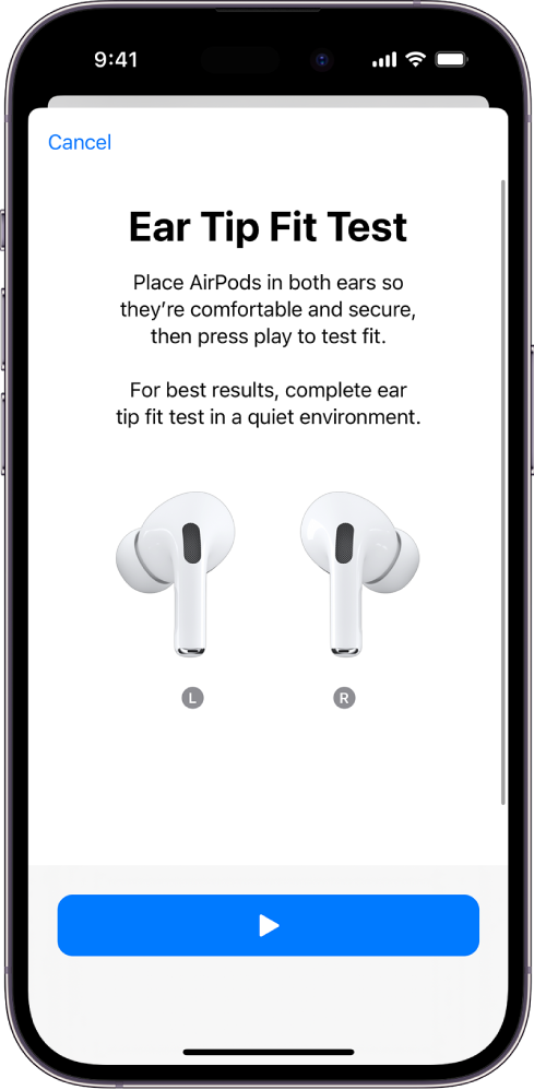 iPhone'i ekraanil kuvatakse AirPods Pro 1 kuva Ear Tip Fit Test.