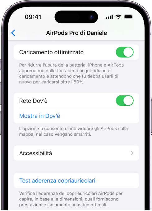 Le impostazioni del Bluetooth di iPhone con le opzioni per gli AirPods Pro (tutte le generazioni). La rete Dov’è è attiva ed è possibile individuare gli AirPods singolarmente su una mappa ogni volta che vengono smarriti.