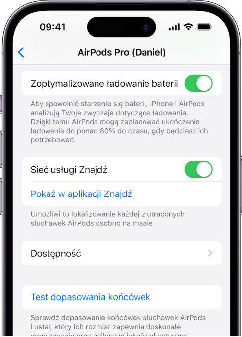 Ustawienia Bluetooth na iPhonie, zawierające opcje dotyczące słuchawek AirPods Pro (wszystkich generacji). Opcja Sieć usługi Znajdź jest włączona, co pozwala na lokalizację na mapie każdej zgubionej słuchawki AirPods oddzielnie.