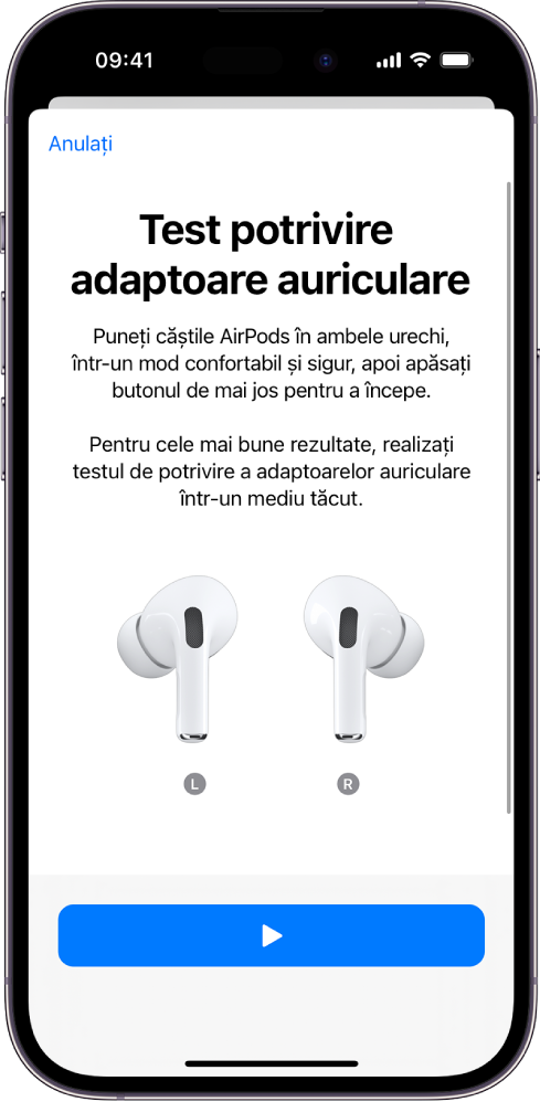 Ecranul unui iPhone afișând testul de potrivire a adaptoarelor auriculare pentru AirPods Pro 1.