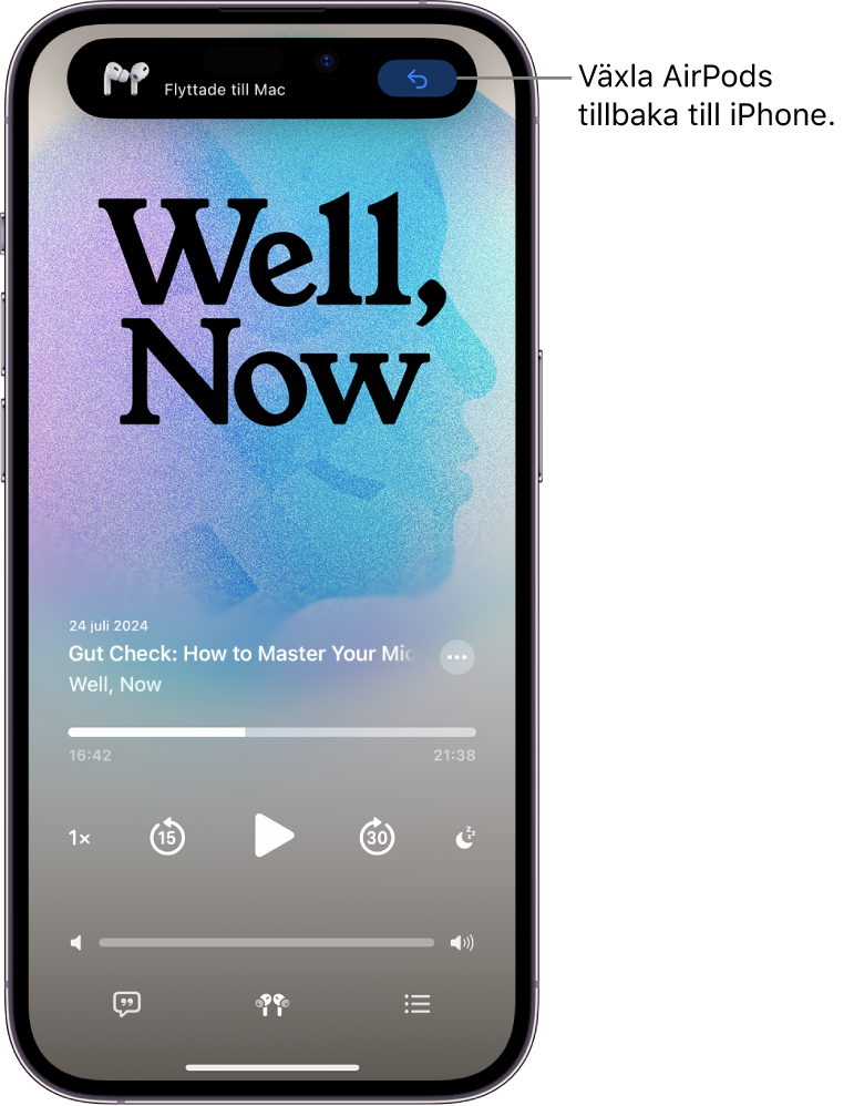 Låsskärmen på iPhone med ett meddelande med texten ”AirPods Pro flyttade till Mac” överst och en knapp för att växla AirPods tillbaka till iPhone.