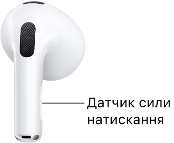 Розташування датчика зусиль на AirPods 3 вздовж ніжки кожного навушника.