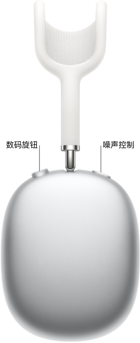 AirPods Max 右耳耳机的左上方显示数码旋钮，右上方显示噪声控制按钮。